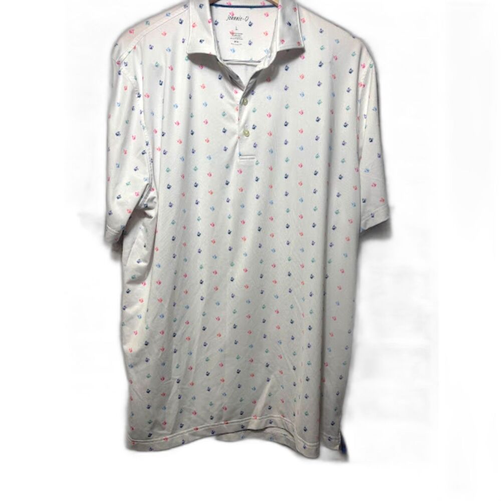 Johnnie-O Polo Size Large White Performance Shirt Whirlwind Course Whiskey Glass